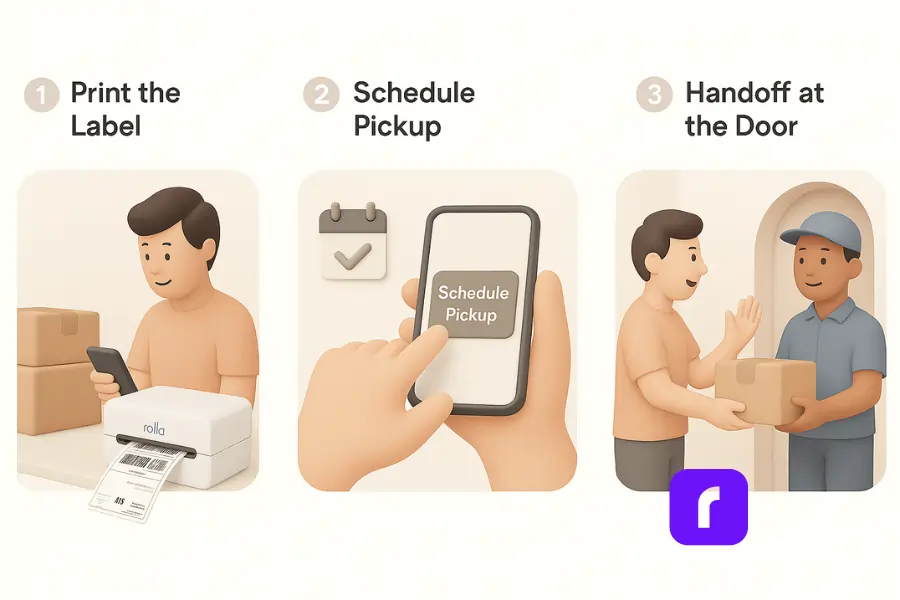 A minimalist 3D-style digital illustration in three steps showing a streamlined shipping workflow with Rollo Ship. Step 1 shows an online seller using a smartphone while a Rollo wireless printer prints a 4×6 shipping label beside packed parcels. Step 2 features a close-up of a hand tapping “Schedule Pickup” on a smartphone with a calendar checkmark icon in the background. Step 3 depicts the seller smiling and handing a package to a delivery driver at their front door. The pastel color palette and smooth, geometric design convey simplicity, efficiency, and ease.